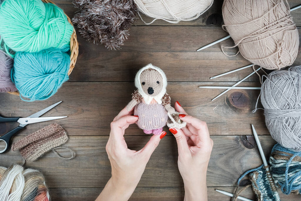 Knitted Hedgehog, Gifts handmade. Knitting on Wooden background. Making knitted toys - 写真・画像