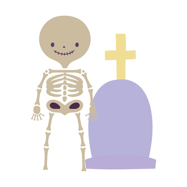 happy halloween celebration skeleton and tombstone with cross - ベクター画像