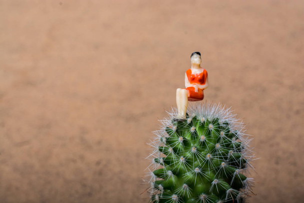 Tiny woman figurine sitting on a on cactus plant - Photo, Image