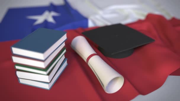 Afstudeerpet, boeken en diploma op de Chileense vlag. Hoger onderwijs in Chili gerelateerde conceptuele 3D-animatie - Video