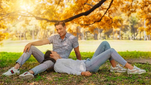 caucasian lover couple having romance moment in park together du - Foto, afbeelding