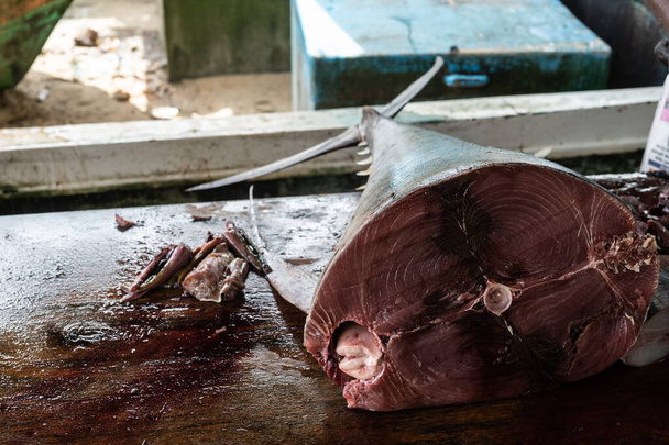 Carcasse de thon rouge tranché sur une table de nettoyage du poisson
. - Photo, image