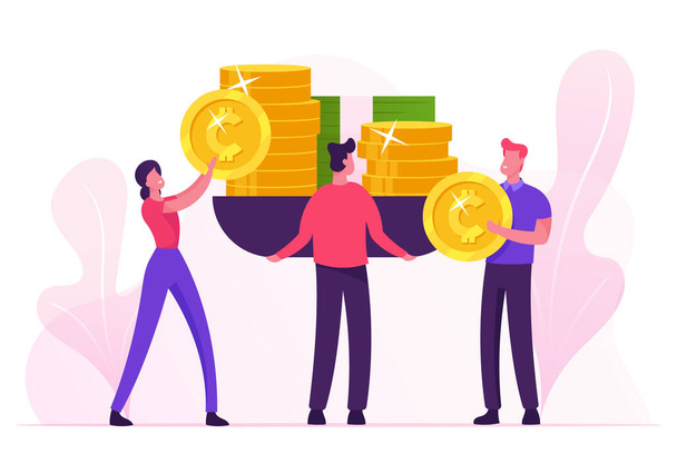 Businesspeople Put on Huge Scales Golden Coins and Banknotes Weighing Money. Balance between Time Life and Finance - Vector, Image
