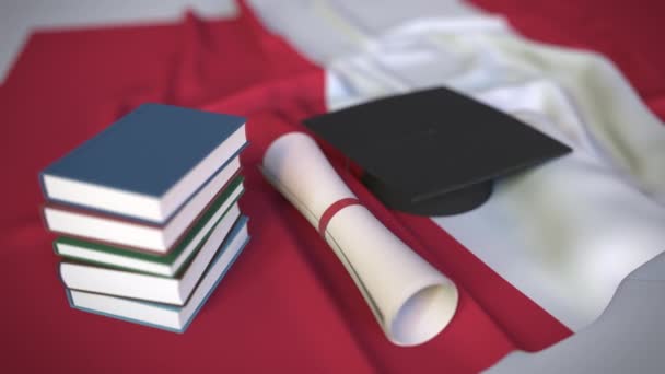 Mezuniyet şapkası, Peru bayrağı üzerine kitaplar ve diploma. Peru 'da yüksek öğrenim ile ilgili kavramsal 3d animasyonu - Video, Çekim