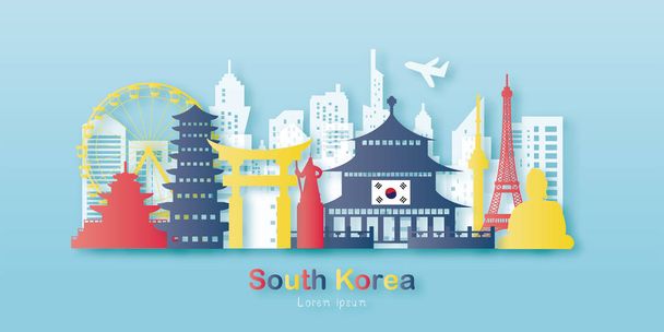 Dél-Korea Gold Travel képeslapokkal, plakátokkal, világhírű, papírvágású műemlékek idegenforgalmi reklámozásával. - Vektor, kép