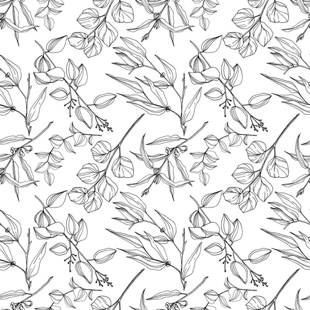 Vector Eucalyptus tree leaves jungle botanical. Black and white engraved ink art. Seamless background pattern. - Vector, Image