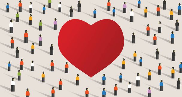 liebe rote herzförmige Menschenmenge feiert das Gefühl der Liebe gemeinsam als Gemeinschaft. Diversity Connection Gruppe Gesellschaft Gefühl Pflege. - Vektor, Bild