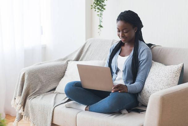 African American Girl Using Laptop, Searching Job Online In Internet - Фото, изображение