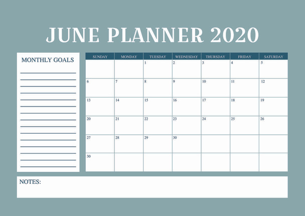 Jahr 2020 Juni Planer, monatlicher Planer Kalender für Juni 2020 - Vektor, Bild