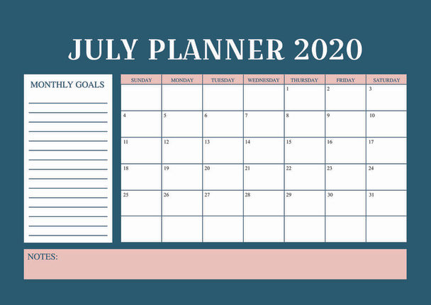 Év 2020 Július tervező, havi tervező naptár július 2020 - Vektor, kép
