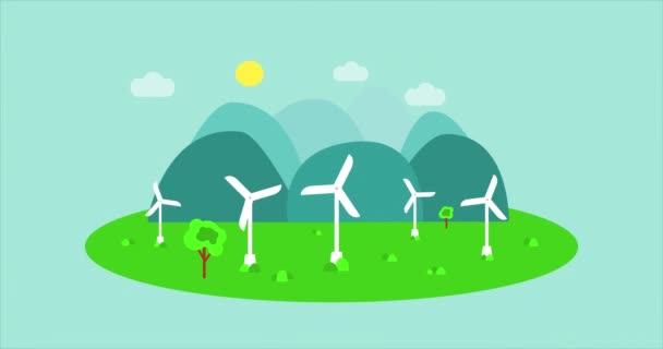 Wind generators in action, cartoon animation video. Modern windmills or wind turbines. Wind energy. Concept of alternative renewable energy - Footage, Video
