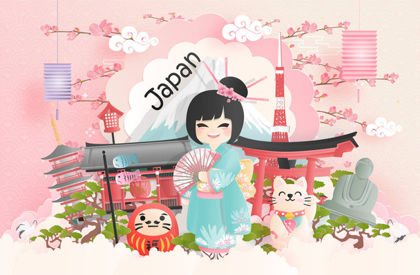 Ταξιδιωτική κάρτα, αφίσα, διαφήμιση περιοδεία παγκοσμίου φήμης αξιοθέατα της Ιαπωνίας με Fuji βουνό και οι Ιάπωνες σε Kimono φόρεμα σε στυλ περικοπή χαρτιού. Εικονογράφηση διανύσματος  - Διάνυσμα, εικόνα
