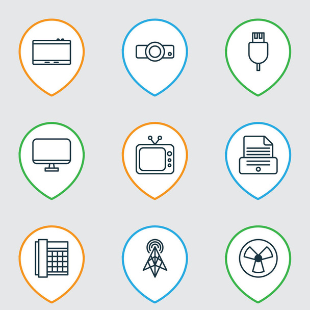 Hardware icons set with antenna, tv, projector and other presentation elements. Isolated vector illustration hardware icons. - Vector, Image