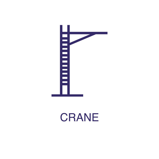 Kraanelement in platte eenvoudige stijl op witte achtergrond. Crane icoon, met tekstnaam concept template - Vector, afbeelding
