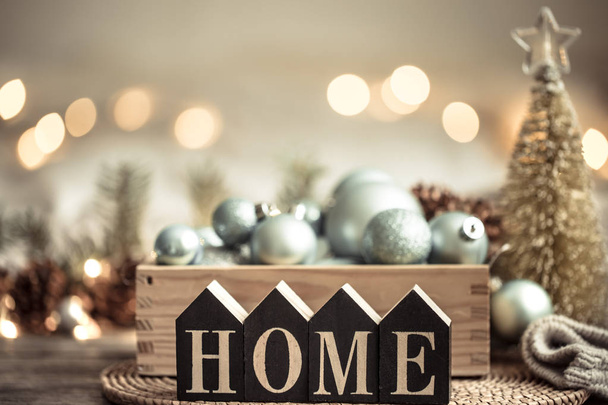 Festive background with lights with the inscription home - Foto, Imagen