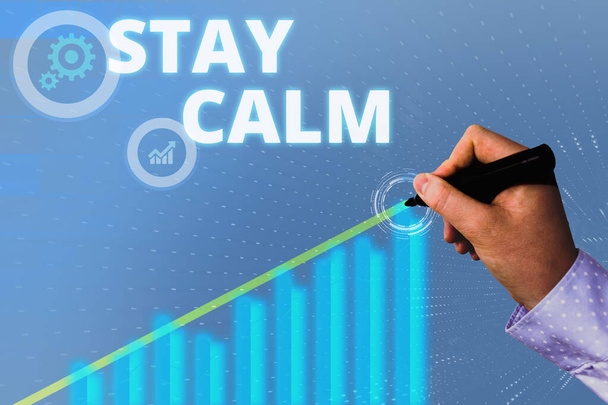 Znak tekstowy pokazujący Stay Calm. Zdjęcie koncepcyjne Utrzymać w stanie ruchu płynnie nawet pod presją. - Zdjęcie, obraz