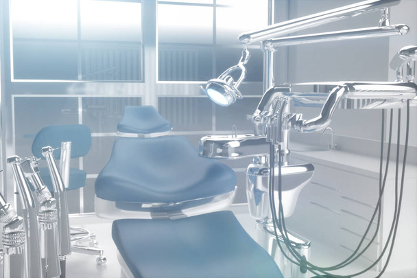 Ilustración 3D de un consultorio médico de odontología, herramientas dentista 3d render
 - Foto, Imagen