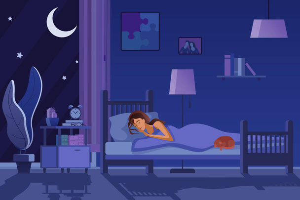 Young tired woman sleeping in bed covered with quilt. Student female sleep at night in dark bedroom interior cartoon flat vector illustration. - Vektör, Görsel