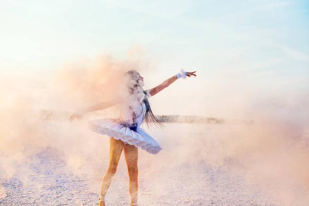 Tender young ballerina dancer in a snow-white tutu dress and white pointe shoes in pink smoke.  on a salty dried lake. Fantastic landscape and a girl  ballerina - Foto, immagini