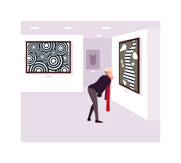 homme dans la galerie d'art contemporain, visiteurs de l'exposition visualisant des peintures abstraites modernes
 - Vecteur, image