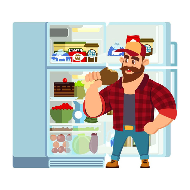 野菜、果物、肉、乳製品でいっぱいの冷蔵庫からジュースボトルを取り出す空腹またはのどが渇いた男。冷凍庫付きのシングルドア冷蔵庫を開きます。フラットスタイルベクトル絶縁イラスト. - ベクター画像