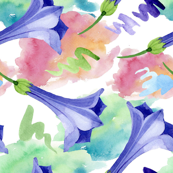Blue brugmansia floral botanical flowers. Watercolor background illustration set. Seamless background pattern. - Foto, Imagen