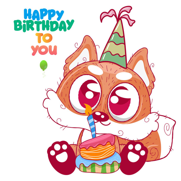 Greeting birthday card with cute fox - Illustration - Wektor, obraz