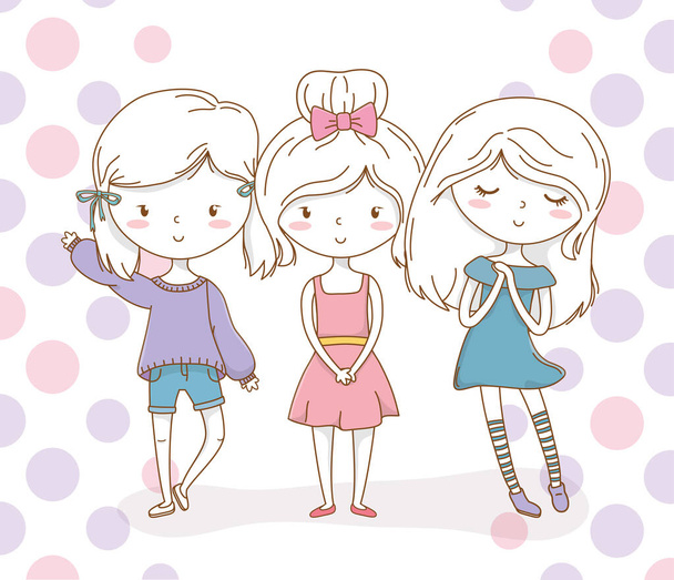 mała grupa dziewcząt z pastelowymi kolorami i kropkowanym tłem - Wektor, obraz