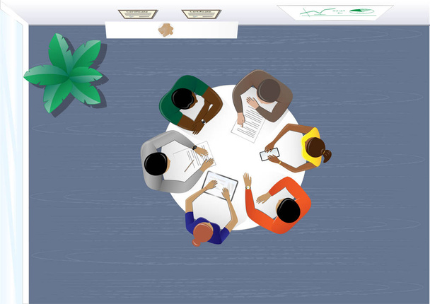 top view mensen zitten aan de tafel in het kantoor en bespreken een business plan, plant, horizontale vector illustratie in blauwe kleuren - Vector, afbeelding