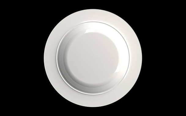 Empty gloss white ceramic plate on black background. Top view. Isolated. 3D render - Zdjęcie, obraz