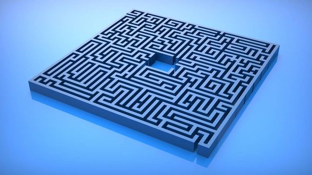 blaues Labyrinthlabyrinth auf blauem Glanz. 3D-Illustration - Foto, Bild