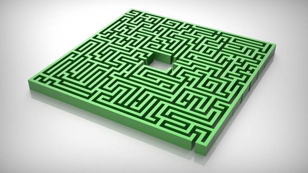 Groen labyrint doolhof geïsoleerd op wit glanzend oppervlak. 3d Illustratie - Foto, afbeelding