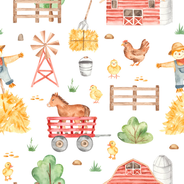 Watercolor seamless pattern with cute farm, scarecrow, hay, wind pump - Photo, Image
