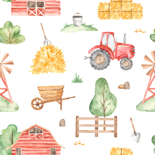 Watercolor seamless pattern with cute farm, tractor, hay, wind pump - Photo, Image