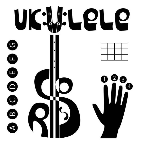 Ukulele acordes logotipo definido. Mão, números de dedos, mesa e letras para acordes. Cartas
 - Vetor, Imagem