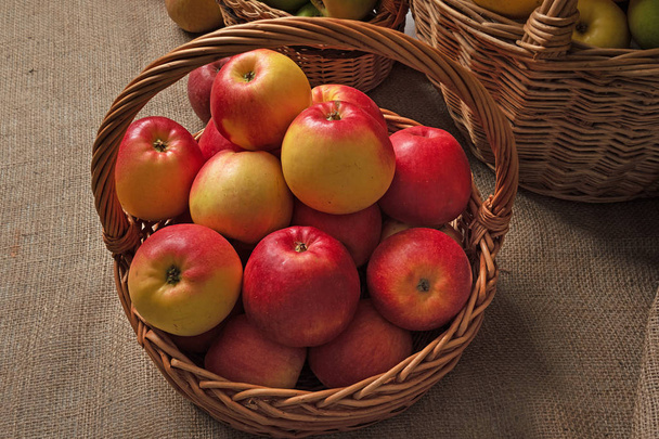 la cosecha de las manzanas rojas en la cesta sobre la mesa con la arpillera
 - Foto, imagen