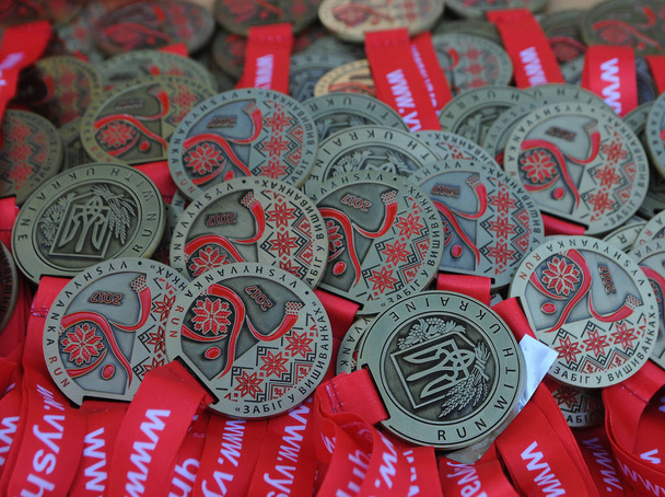 Medals of the winners of the race in embroideries for Independence Day in Kiev, August 24, 2017 - Photo, Image