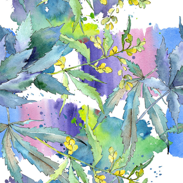 Cannabis green leaves. Watercolor background illustration set. Seamless background pattern. - 写真・画像