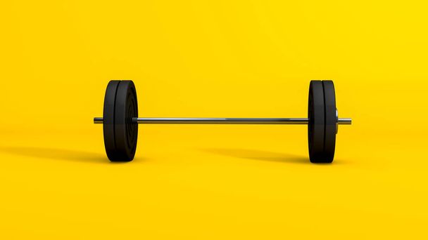 3D Rendering,Realistic mock-up of barbell, weightlifting equipment object with shiny reflection metal texture and shadow, isolated on yellow background. - Photo, Image