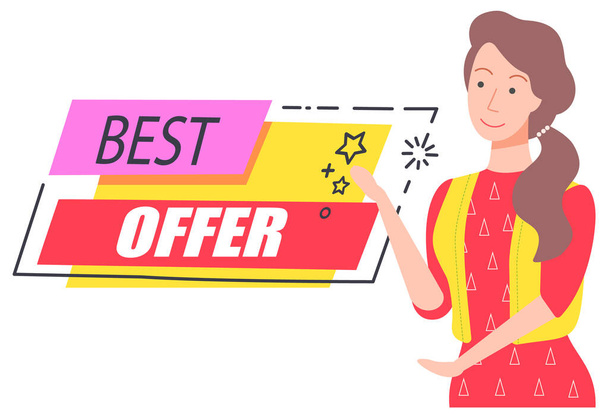 Best Offer Discount Capture, Happy Girl Offering - Vetor, Imagem