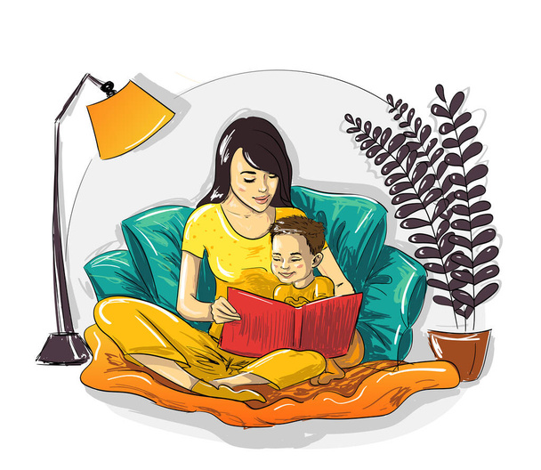 Mamá con hijo leyendo libro en casa
 - Vector, imagen
