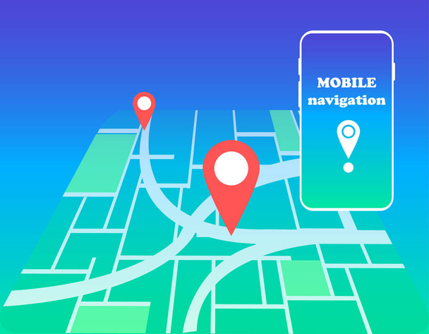 Navigation mobile. Carte conceptuelle avec marqueurs et smartphone
. - Vecteur, image