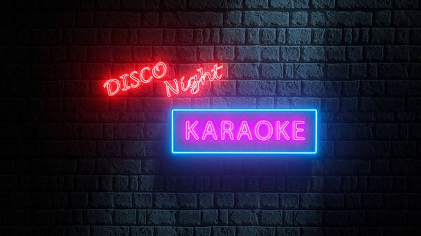 3d приклад світіння неонового знака - Karaoke Disco Night на цегляній стіні на вулиці - Фото, зображення