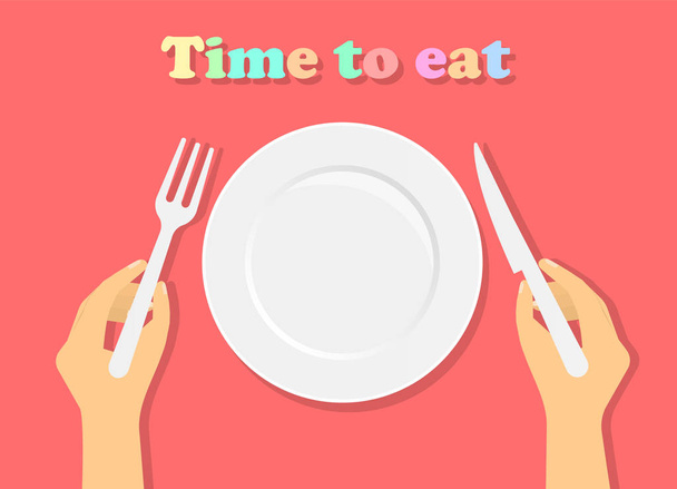 かわいい手に皿、フォーク、ナイフ。食べる時間 - ベクター画像