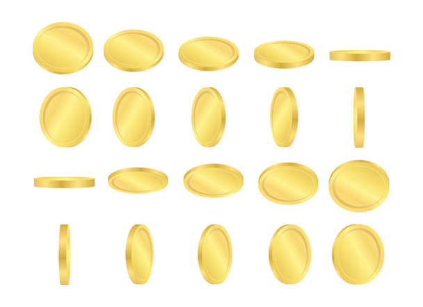 Een set gouden munten in beweging in verschillende posities. Valse munten om te winnen. - Vector, afbeelding
