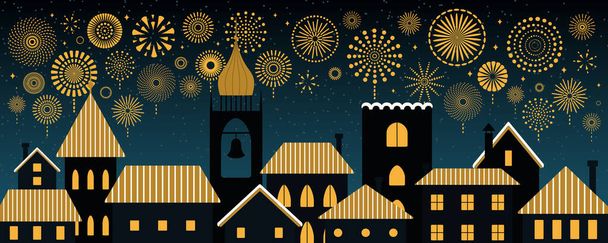 Vektor illusztráció arany tűzijátékkal az éjszakai égbolton fekete város felett. Lapos stílus. Az újévi ünneplés koncepciója - Vektor, kép