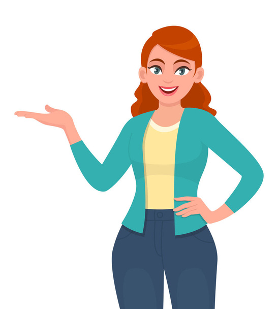 Trendy young woman presenting hand to copy space. Stylish girl pointing hand to introduce something. Female character illustration design. Modern lifestyle concept in vector cartoon style. - Vector, Image