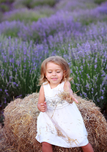 bébé dans une robe blanche joue avec le foin dans un champ de lavande
 - Photo, image
