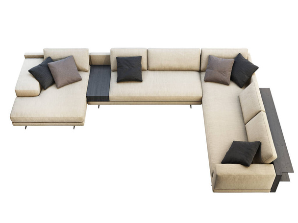 Μοντέρνος μπεζ υφασμάτινος καναπές με μαξιλάρια και τραπεζάκι. 3d απόδοση - Φωτογραφία, εικόνα