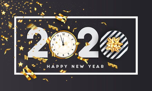 Šťastný Nový rok 2020 přání. Rekreační design zdobí dárkové krabice, zlaté kuličky, láhev vína a hvězda na tmavém pozadí. Vektorová ilustrace - Vektor, obrázek